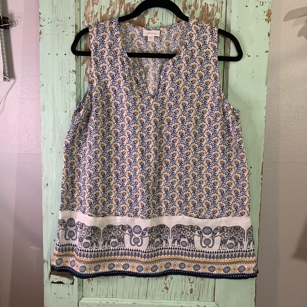 Women’s J. Jill blue and white sleeveless blouse with elephant pattern